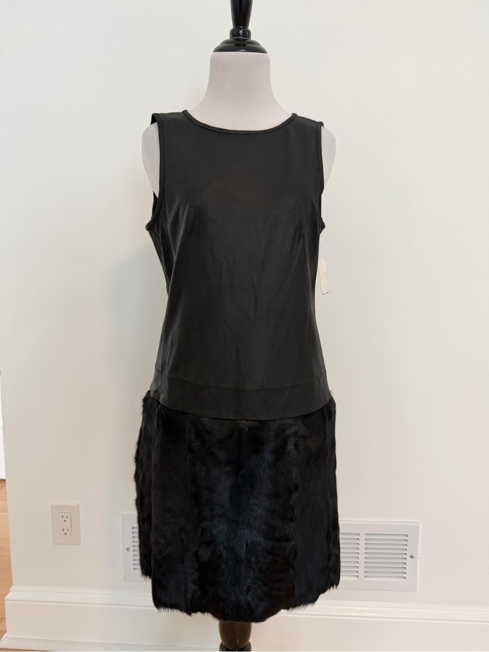 Theory Black Leather Sleeveless Dress with Real Fur Skirt